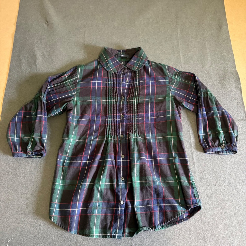 Gap Plaid Flannel Pintuck Shirt Womens M Navy Green Fall Academia Prep Core
